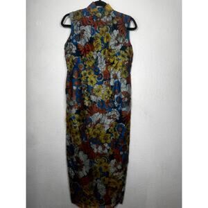 Vintage Unbranded Midi Dress Blue Yellow Floral Side Zip Sleeveless Sz M